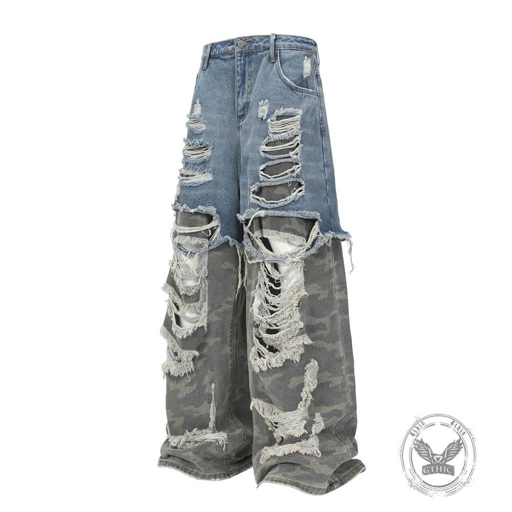 Casual Double-Layered Camouflage Ripped Wide-Leg Baggy Jeans | Gthic.com