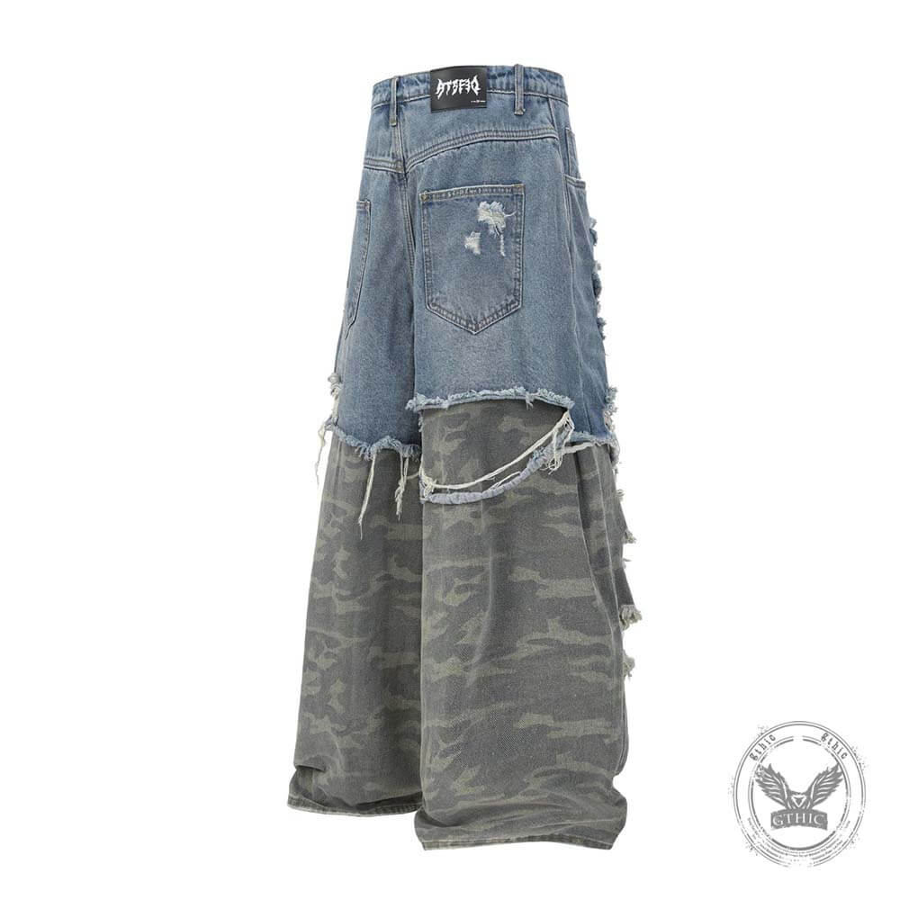 Casual Double-Layered Camouflage Ripped Wide-Leg Baggy Jeans | Gthic.com