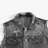 Casual Grey Distressed Denim Biker Vest