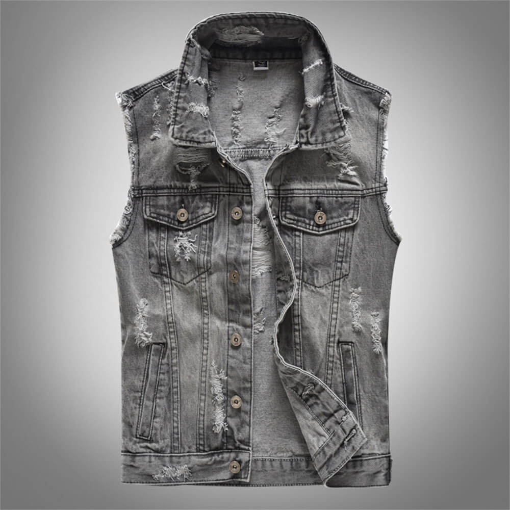 Casual Grey Distressed Denim Biker Vest | Gthic.com