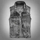 Casual Grey Distressed Denim Biker Vest | Gthic.com