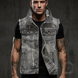 Casual Grey Distressed Denim Biker Vest | Gthic.com