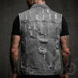 Casual Grey Distressed Denim Biker Vest | Gthic.com