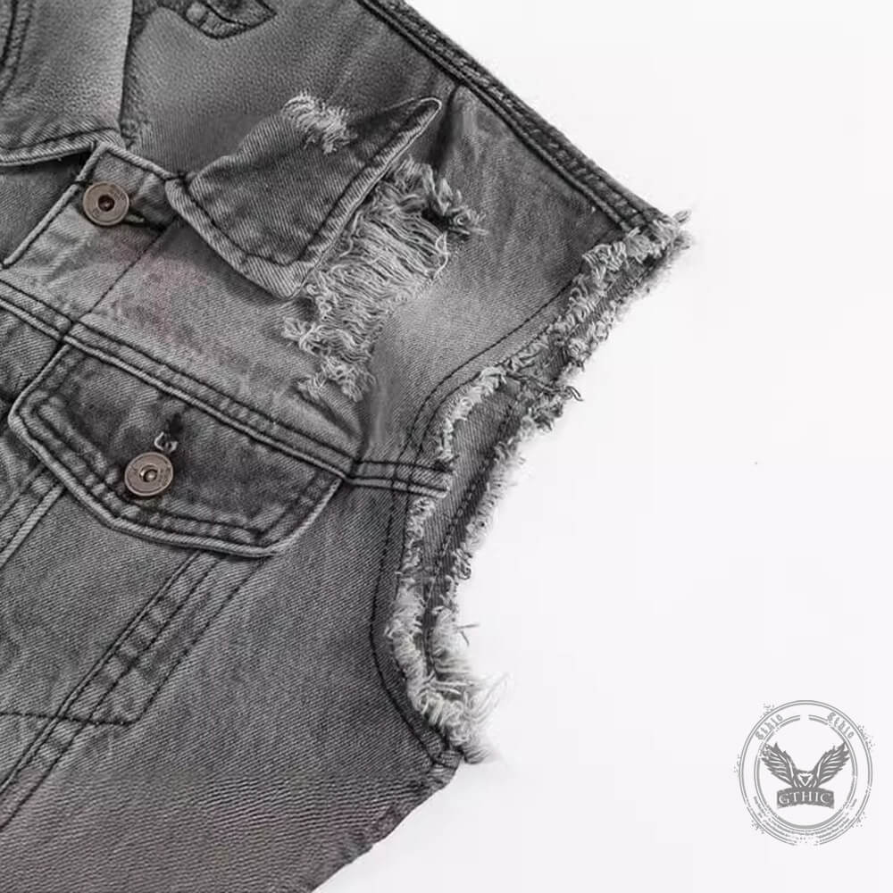 Casual Grey Distressed Denim Biker Vest