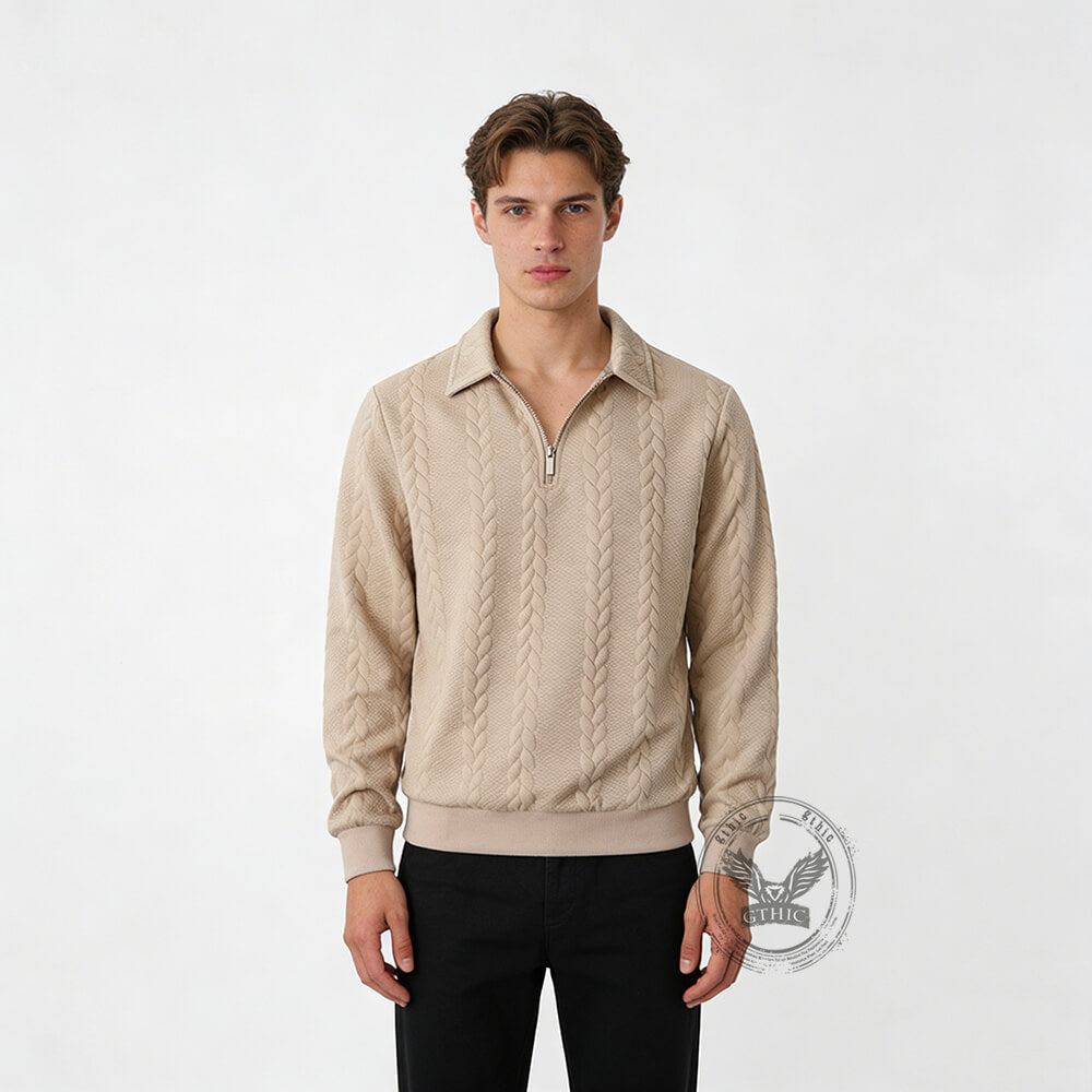 Casual Jacquard Half-Open Zipper Knit Lapel Collar Sweater | Gthic.com