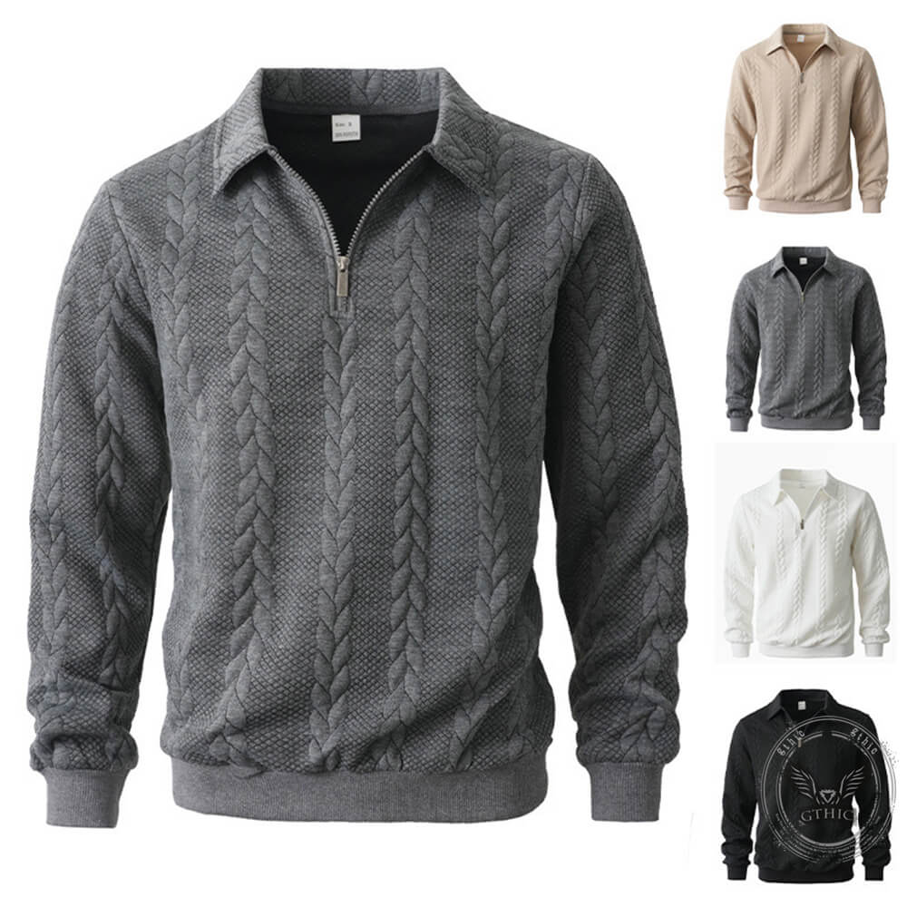 Casual Jacquard Half-Open Zipper Knit Lapel Collar Sweater | Gthic.com