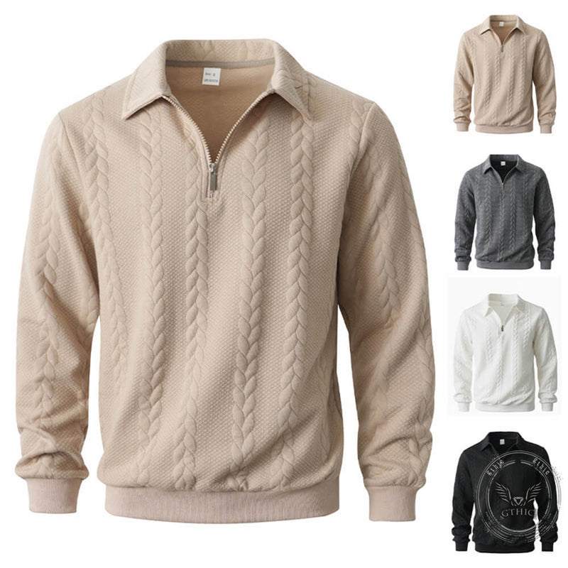 Casual Jacquard Half-Open Zipper Knit Lapel Collar Sweater | Gthic.com