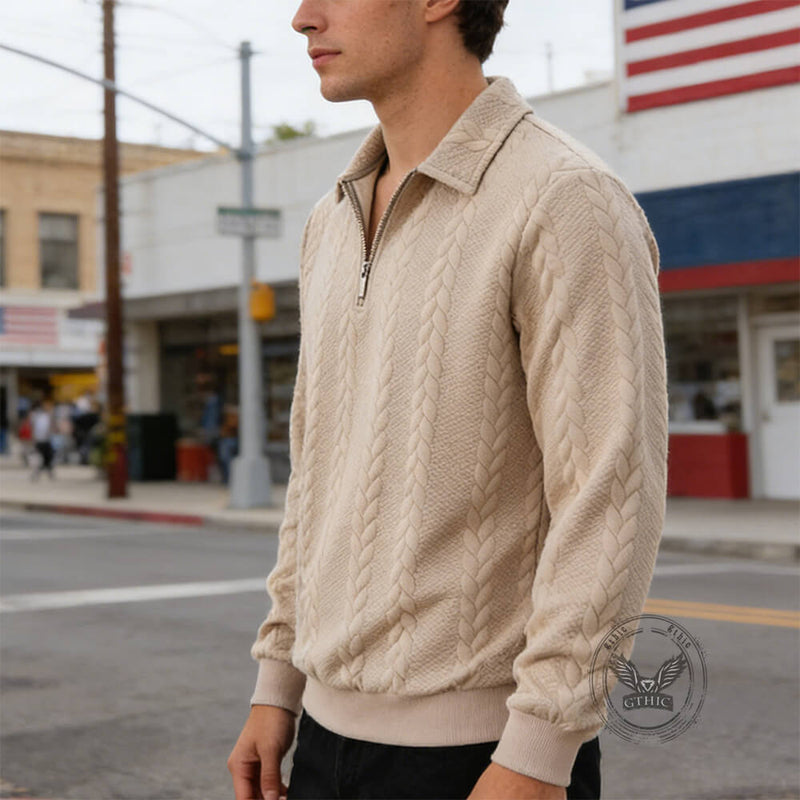 Casual Jacquard Half-Open Zipper Knit Lapel Collar Sweater | Gthic.com