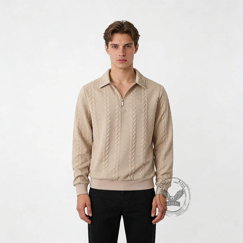 Casual Jacquard Half-Open Zipper Knit Lapel Collar Sweater | Gthic.com