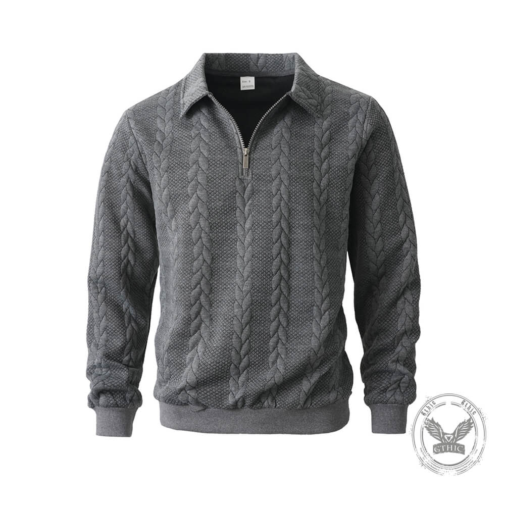 Casual Jacquard Half-Open Zipper Knit Lapel Collar Sweatshit