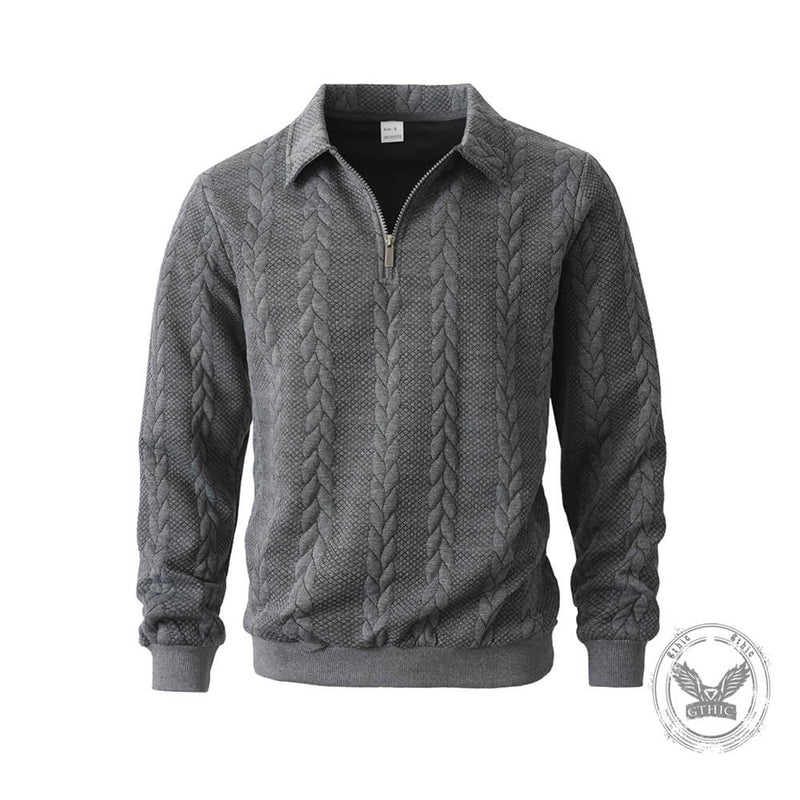 Casual Jacquard Half-Open Zipper Knit Lapel Collar Sweatshit