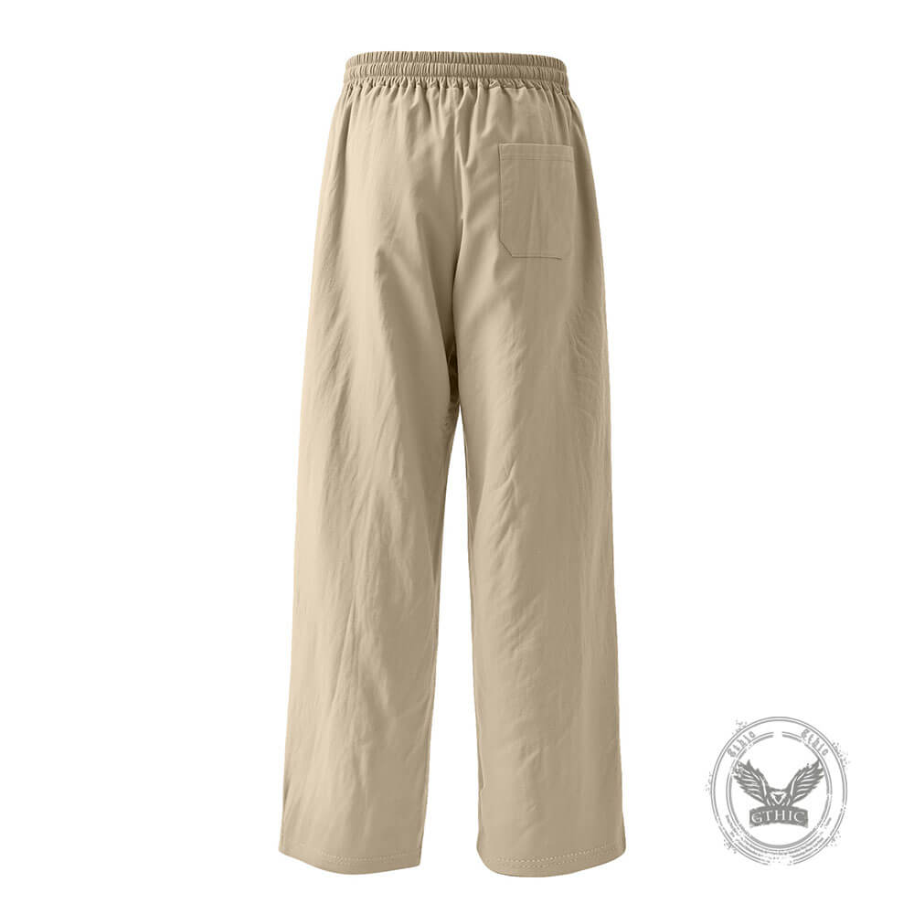 Casual Loose-Fit Solid-Color Linen Drawstring Sports Pants