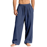 Casual Loose-Fit Solid-Color Linen Drawstring Sports Pants