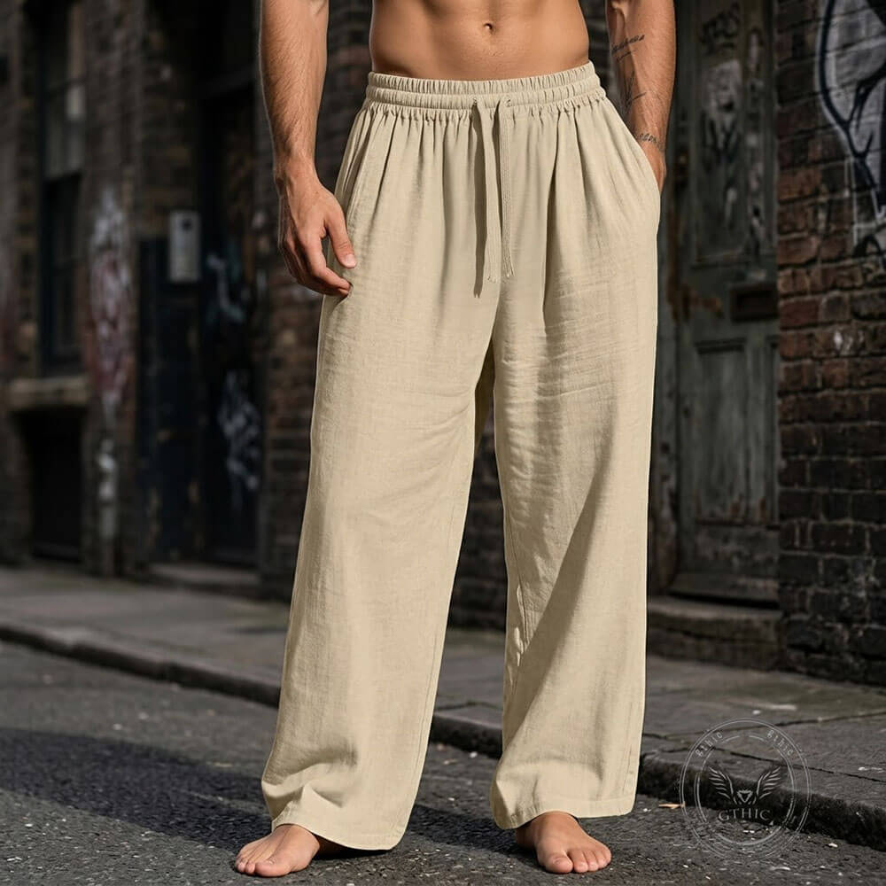 Casual Loose-Fit Solid-Color Linen Drawstring Sports Pants