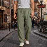 Casual Loose-Fit Solid-Color Linen Drawstring Sports Pants