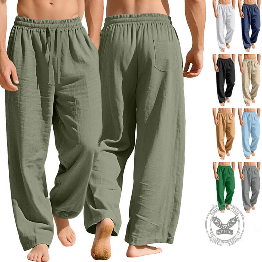 Casual Loose-Fit Solid-Color Linen Drawstring Sports Pants