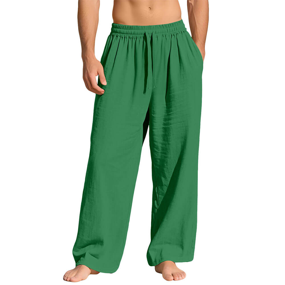 Casual Loose-Fit Solid-Color Linen Drawstring Sports Pants