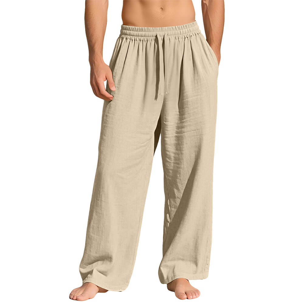 Casual Loose-Fit Solid-Color Linen Drawstring Sports Pants