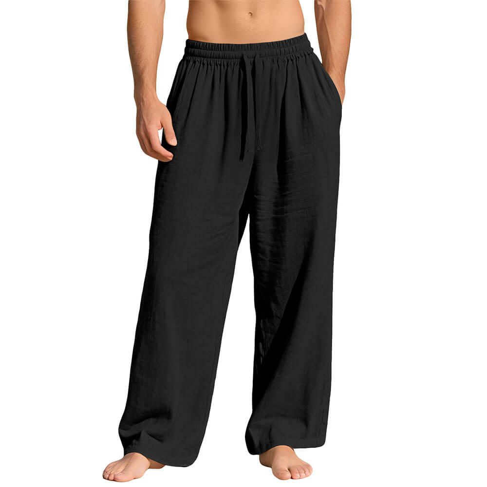 Casual Loose-Fit Solid-Color Linen Drawstring Sports Pants