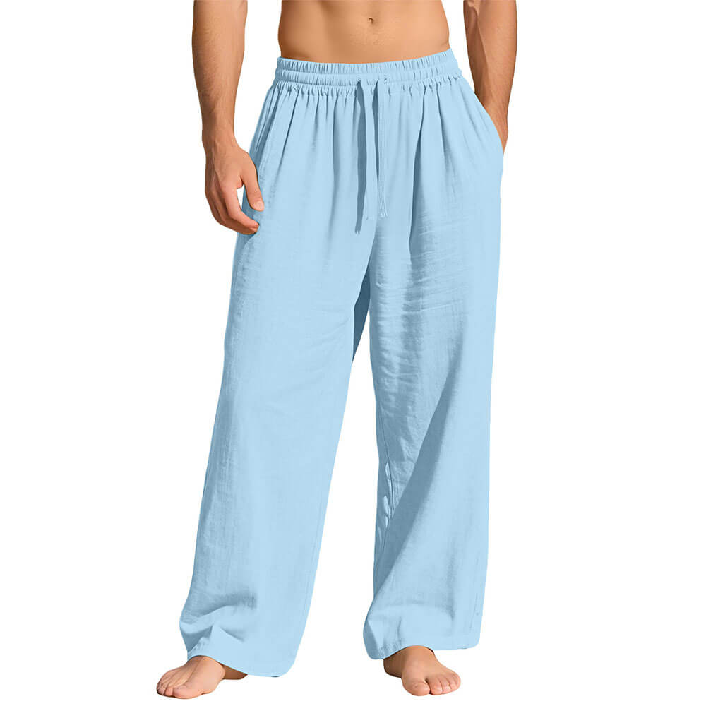 Casual Loose-Fit Solid-Color Linen Drawstring Sports Pants