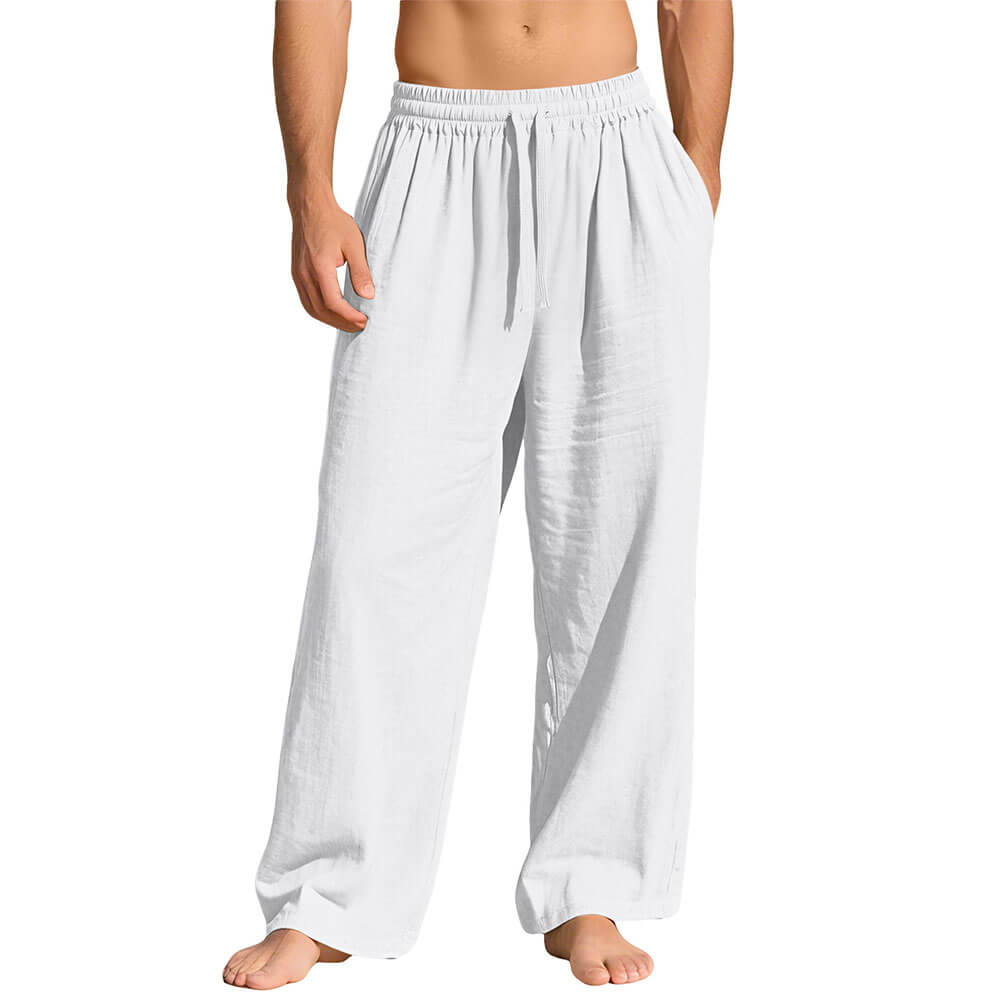 Casual Loose-Fit Solid-Color Linen Drawstring Sports Pants