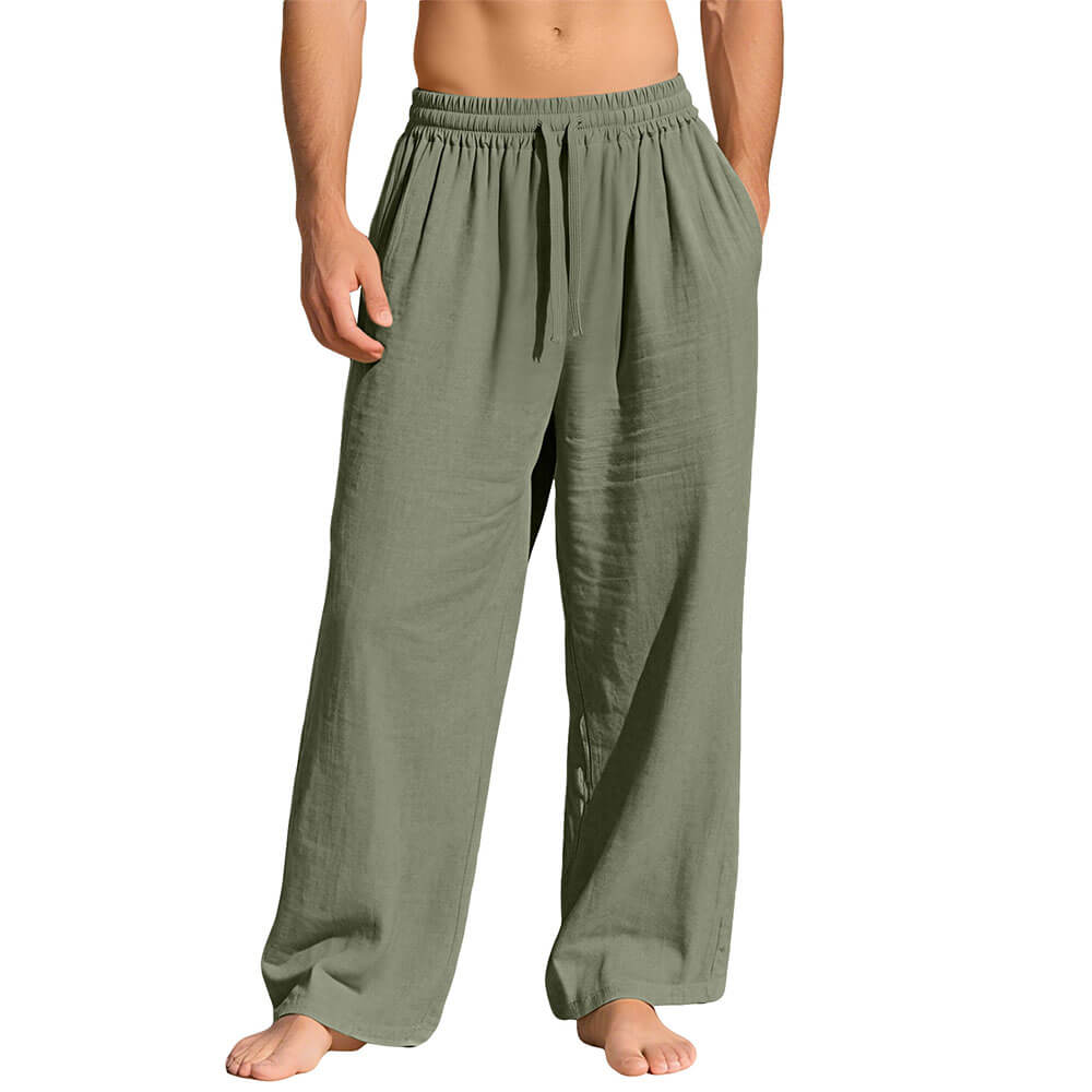 Casual Loose-Fit Solid-Color Linen Drawstring Sports Pants