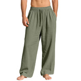 Casual Loose-Fit Solid-Color Linen Drawstring Sports Pants