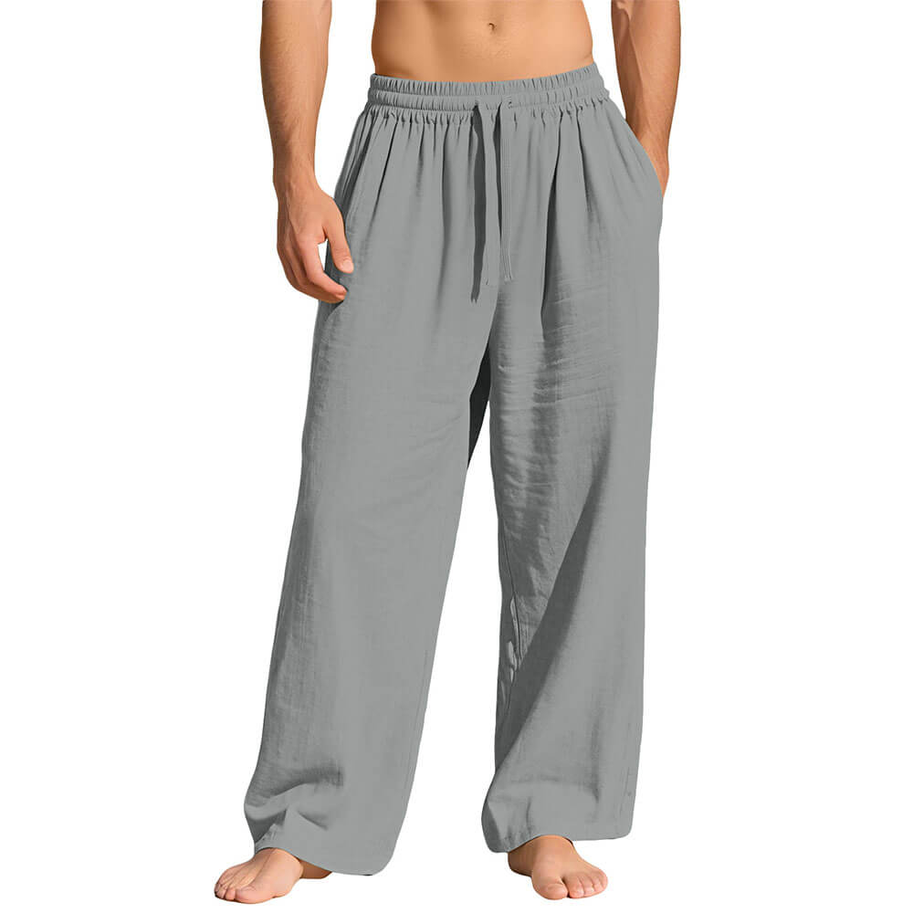 Casual Loose-Fit Solid-Color Linen Drawstring Sports Pants