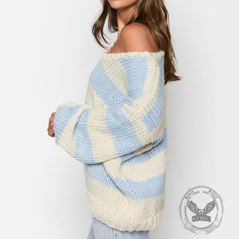 Casual Loose Striped Off-Shoulder Knit Sweater