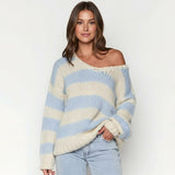 Casual Loose Striped Off-Shoulder Knit Sweater | Gthic.com