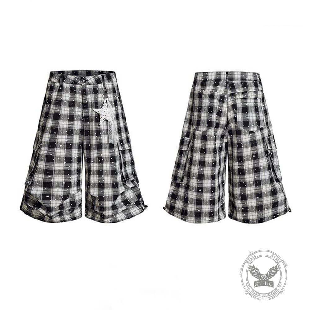 Casual Preppy-Style Star-Print Plaid Wide-Leg Shorts