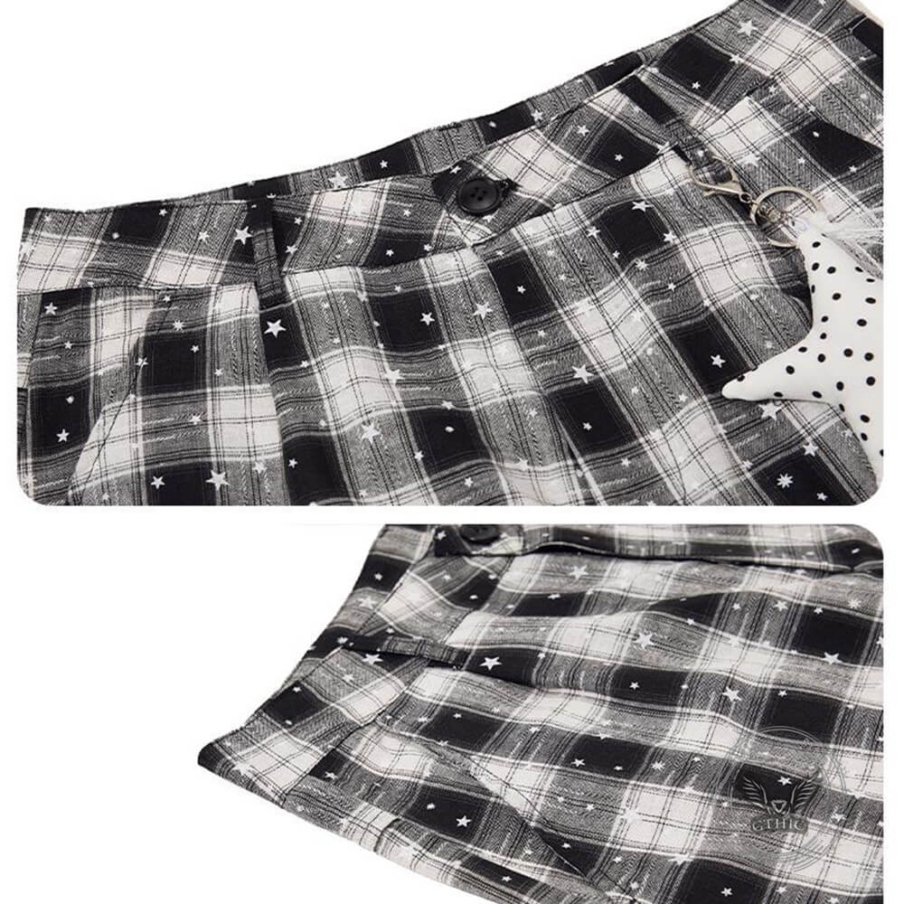 Casual Preppy-Style Star-Print Plaid Wide-Leg Shorts