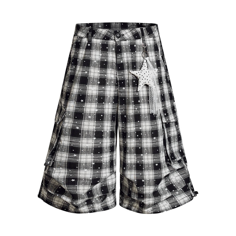 Casual Preppy-Style Star-Print Plaid Wide-Leg Shorts
