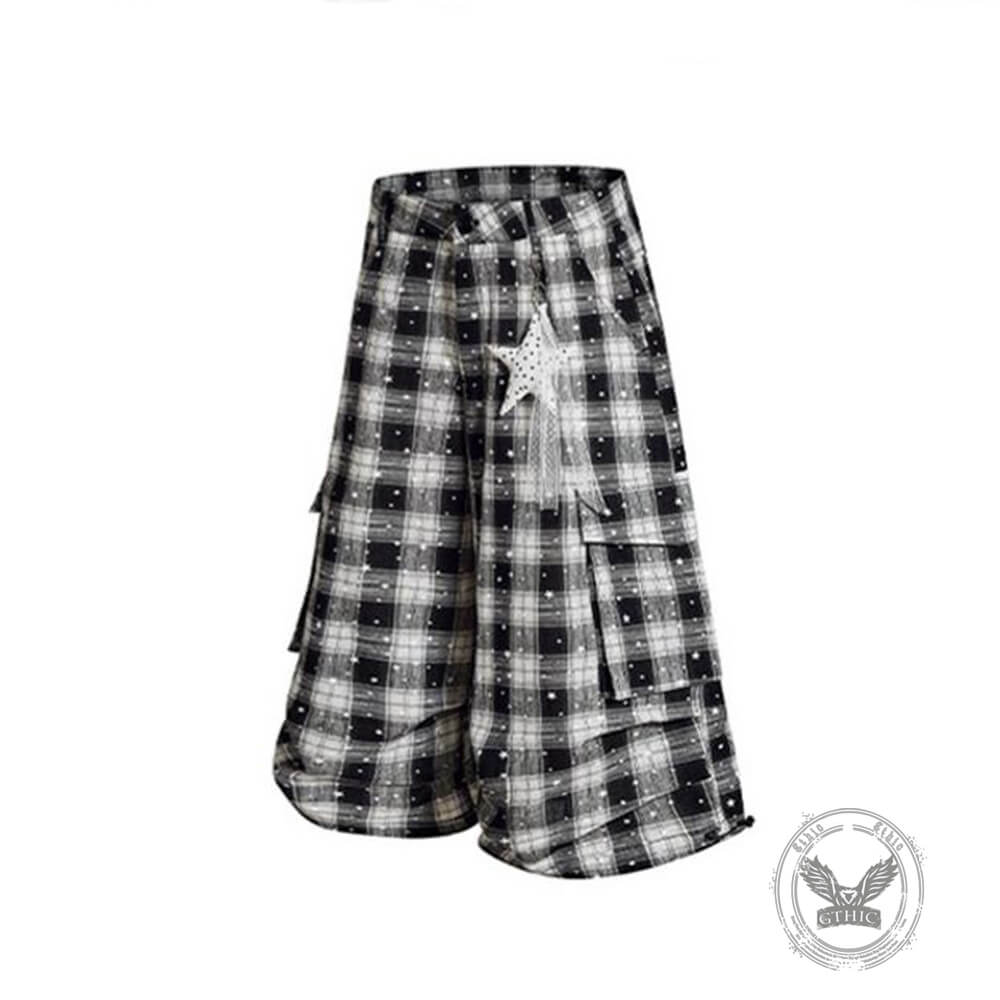 Casual Preppy-Style Star-Print Plaid Wide-Leg Shorts
