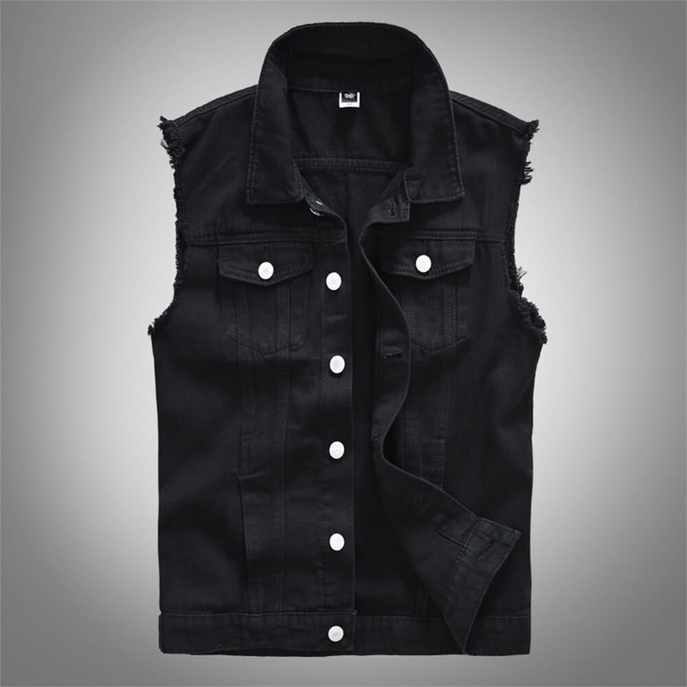 Casual Punk Black Lapel Biker Denim Vest