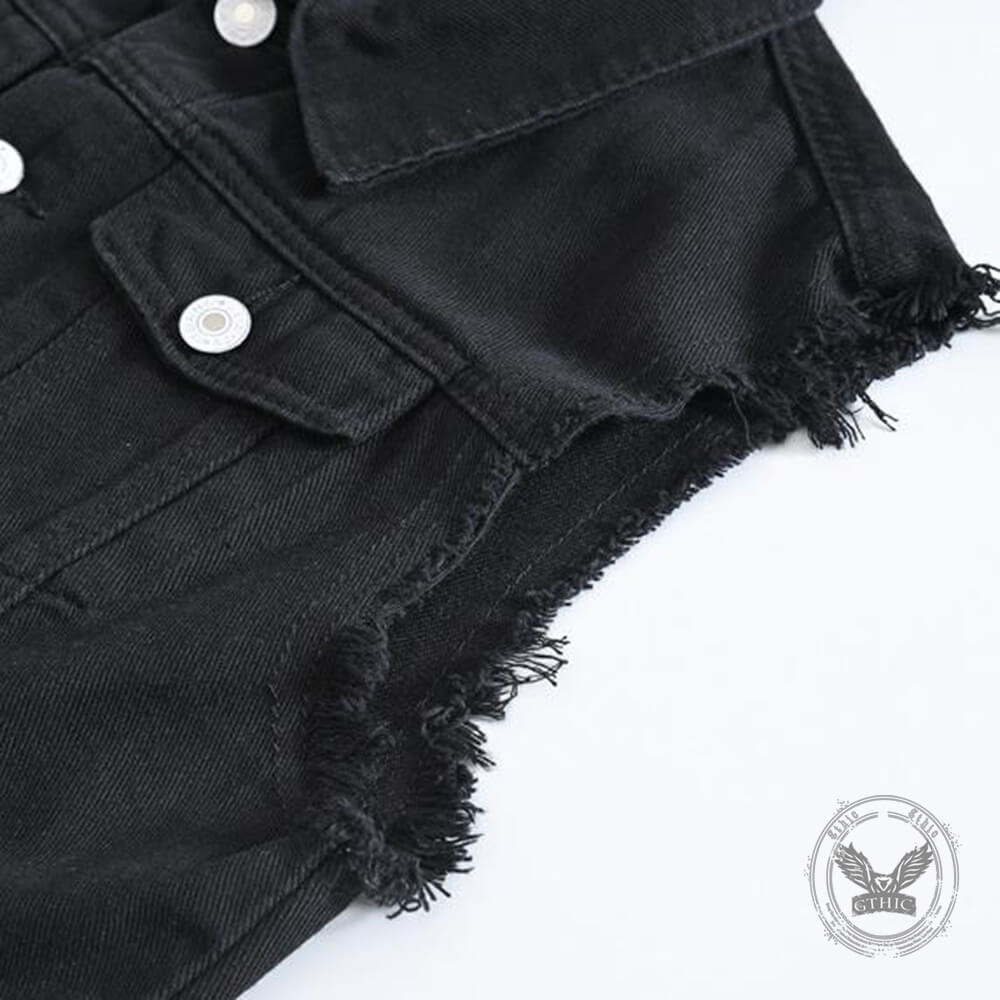 Casual Punk Black Lapel Biker Denim Vest