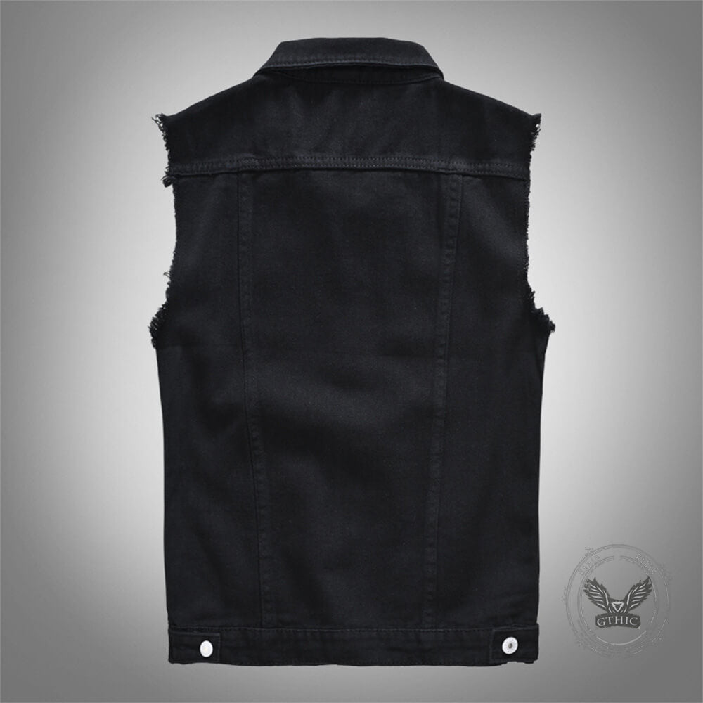 Casual Punk Black Lapel Biker Denim Vest
