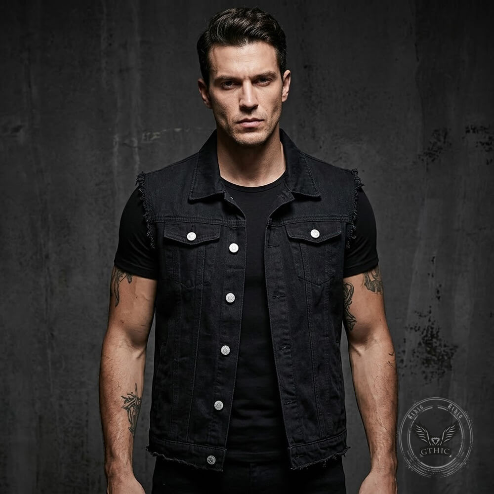 Casual Punk Black Lapel Biker Denim Vest | Gthic.com
