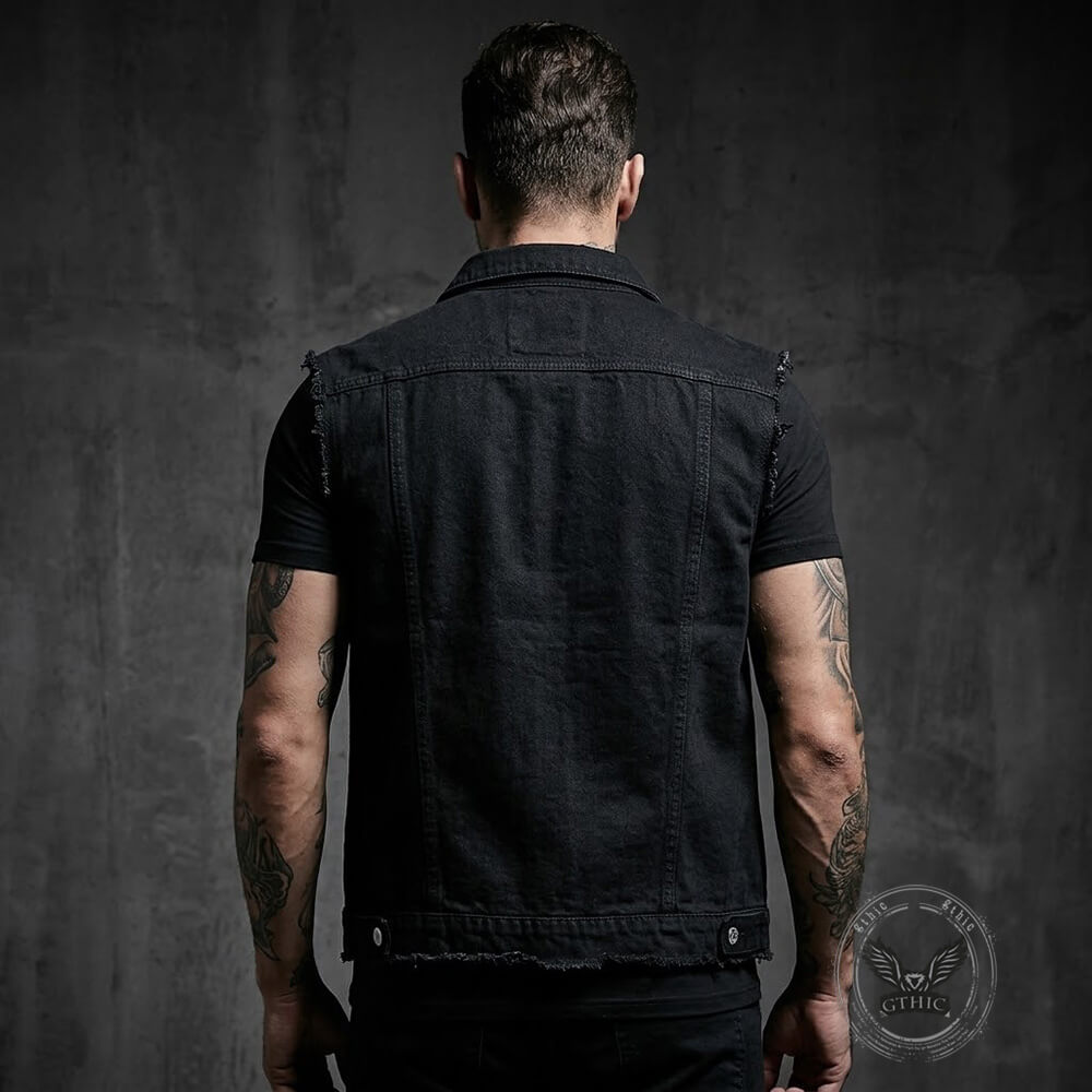 Casual Punk Black Lapel Biker Denim Vest | Gthic.com