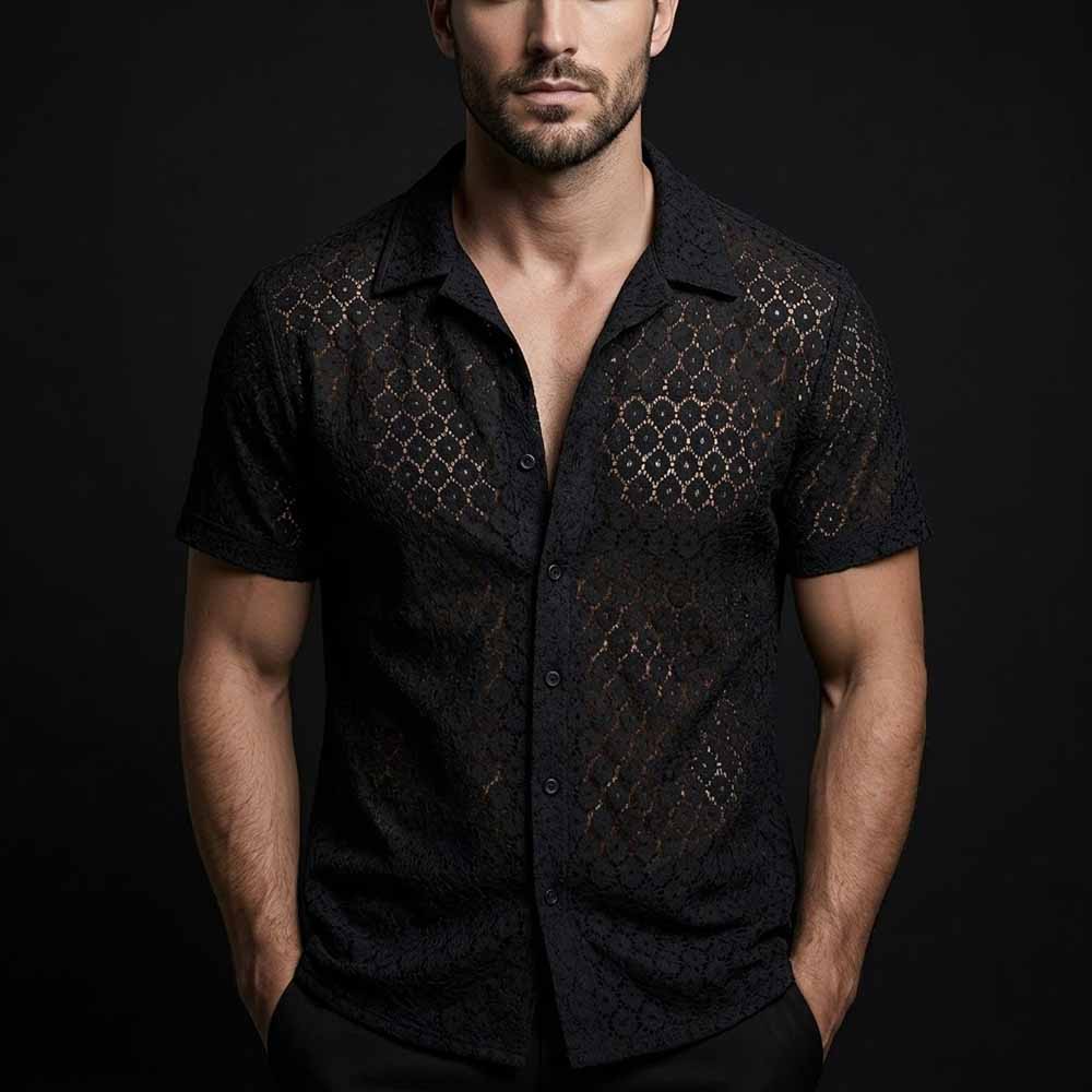 Casual Sheer Cutout Lace Short-Sleeve Lapel Shirt | Gthic.com