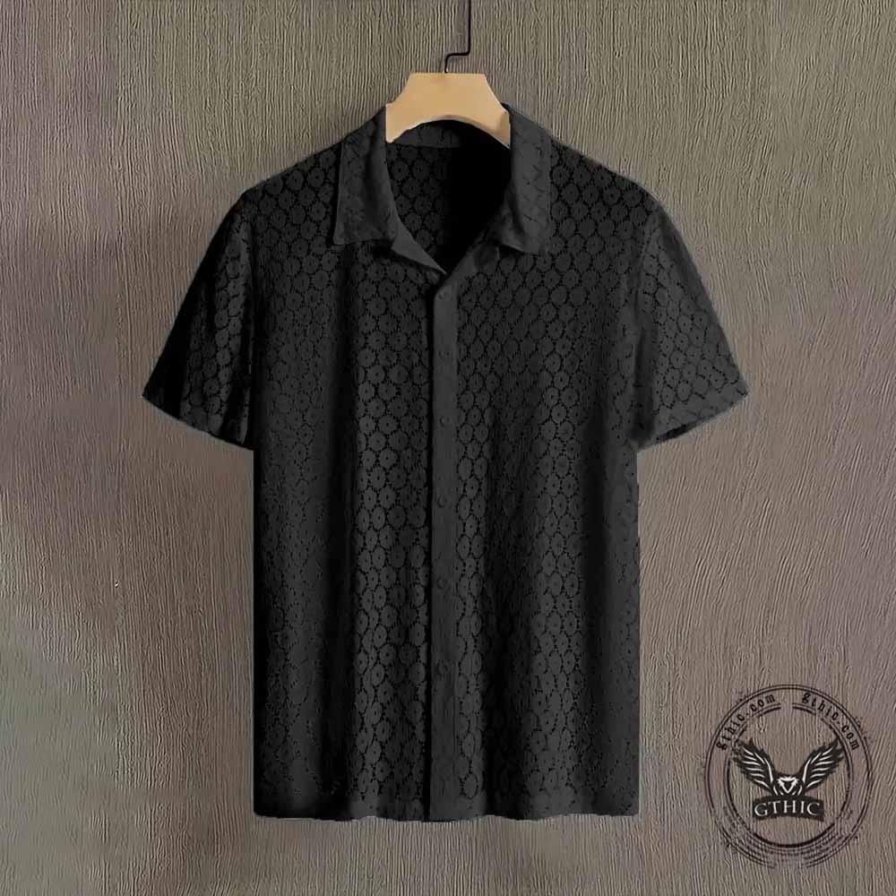 Casual Sheer Cutout Lace Short-Sleeve Lapel Shirt | Gthic.com
