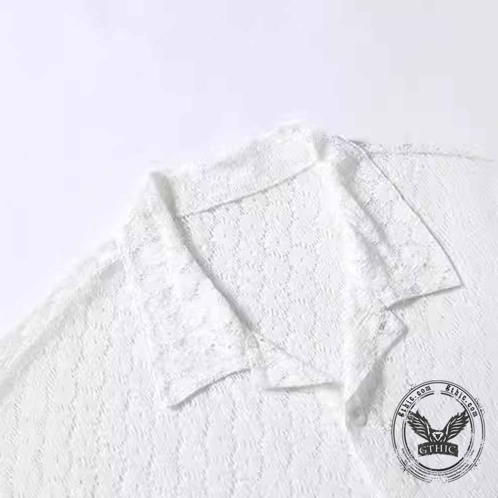 Casual Sheer Cutout Lace Short-Sleeve Lapel Shirt