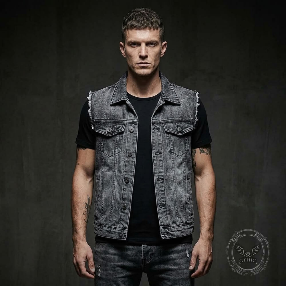 Casual Slim-Fit Brushed Biker Denim Vest | Gthic.com