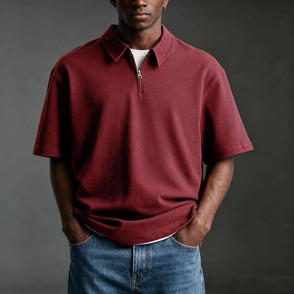 Casual Solid-Color Half-Zip Lapel Polo Shirt