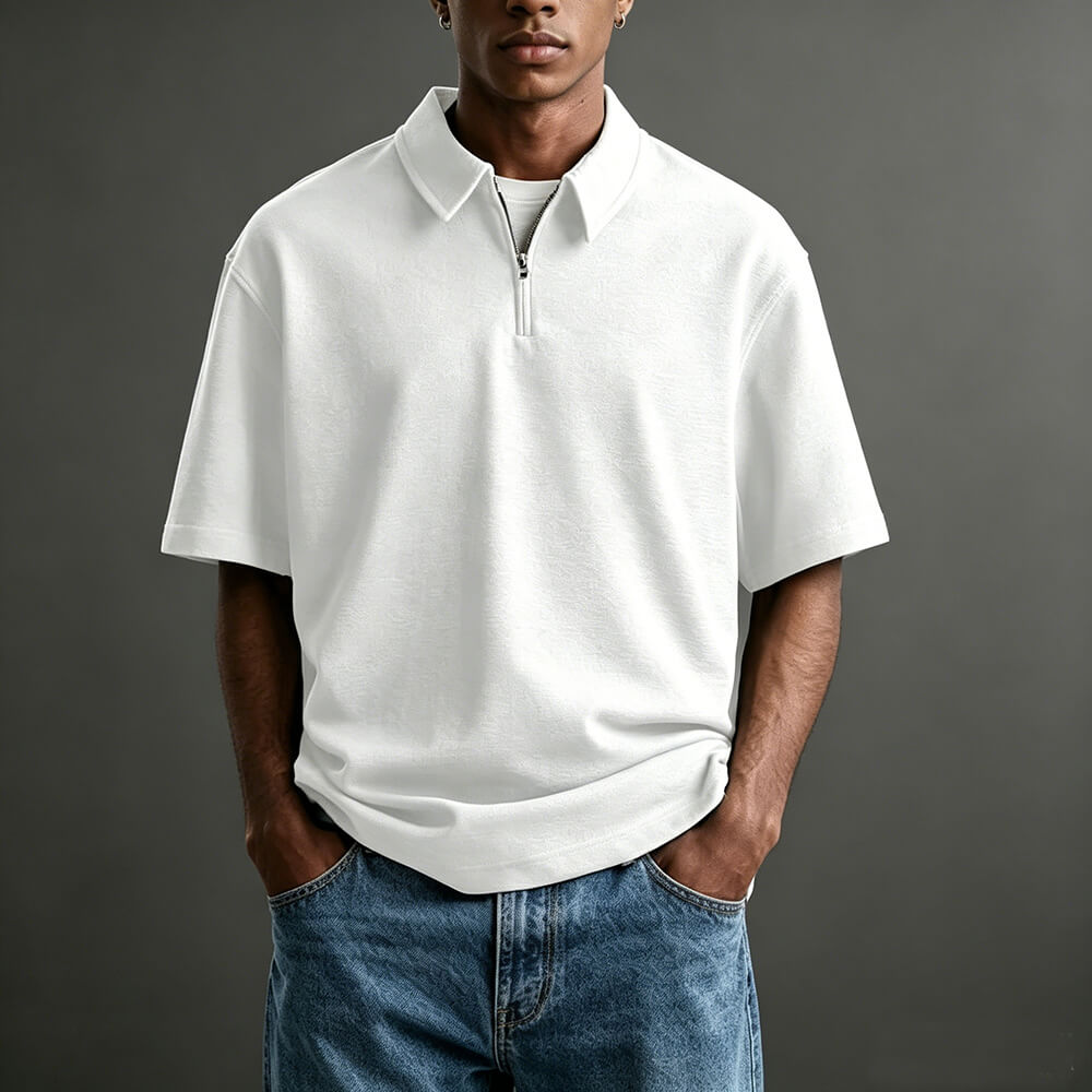 Casual Solid-Color Half-Zip Lapel Polo Shirt