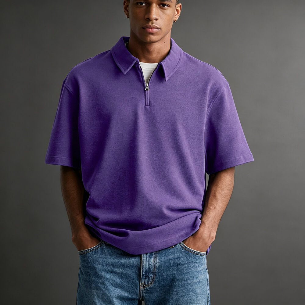 Casual Solid-Color Half-Zip Lapel Polo Shirt