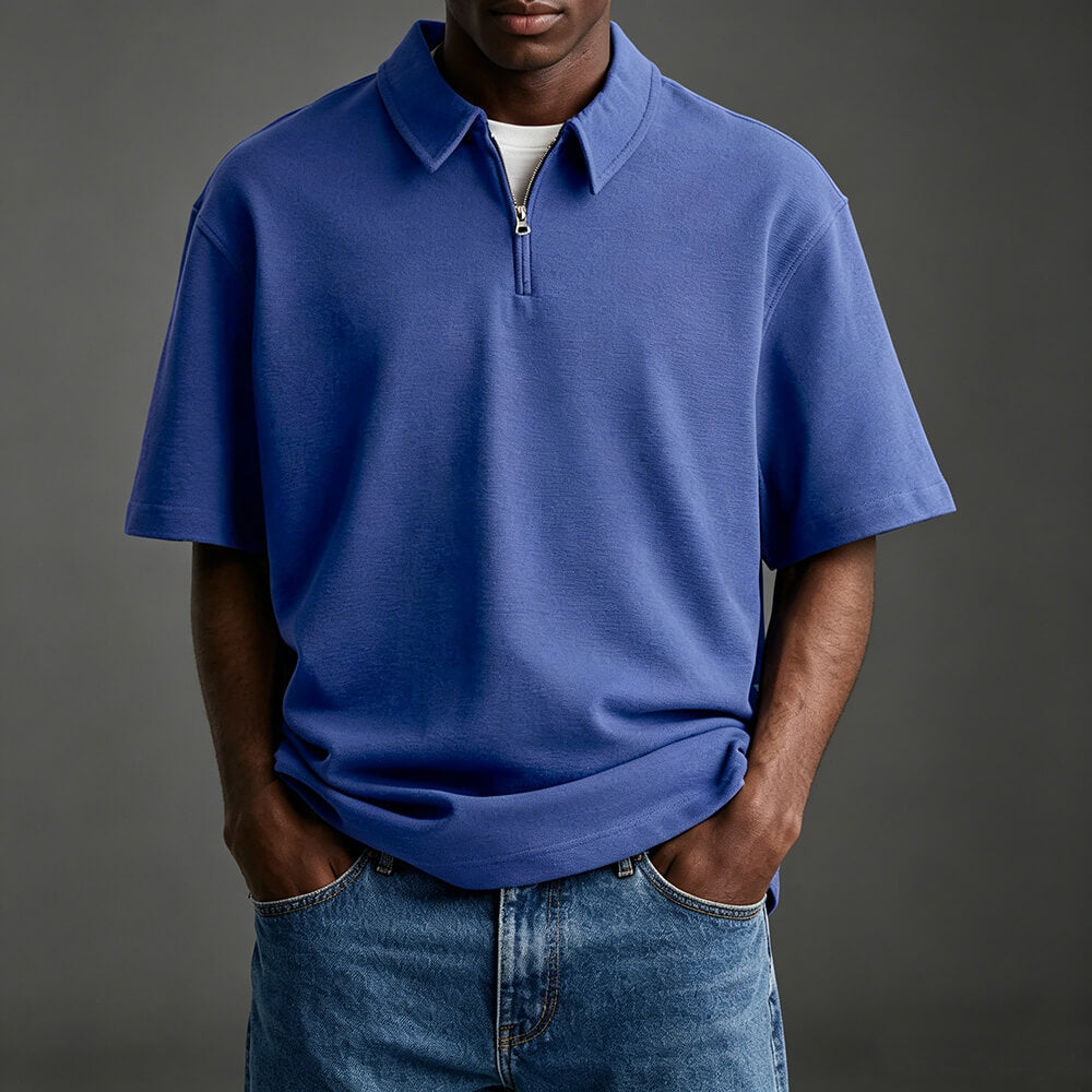 Casual Solid-Color Half-Zip Lapel Polo Shirt