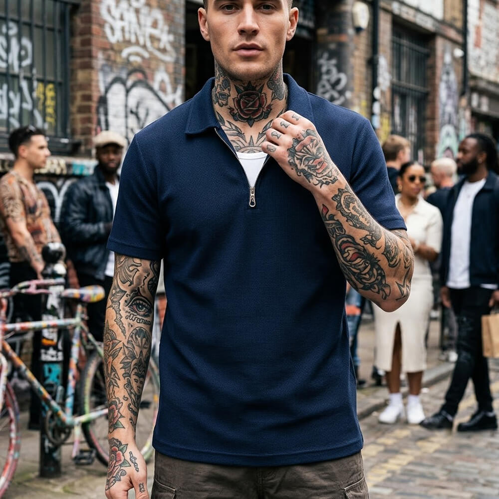 Casual Solid-Color Half-Zip Lapel Polo Shirt
