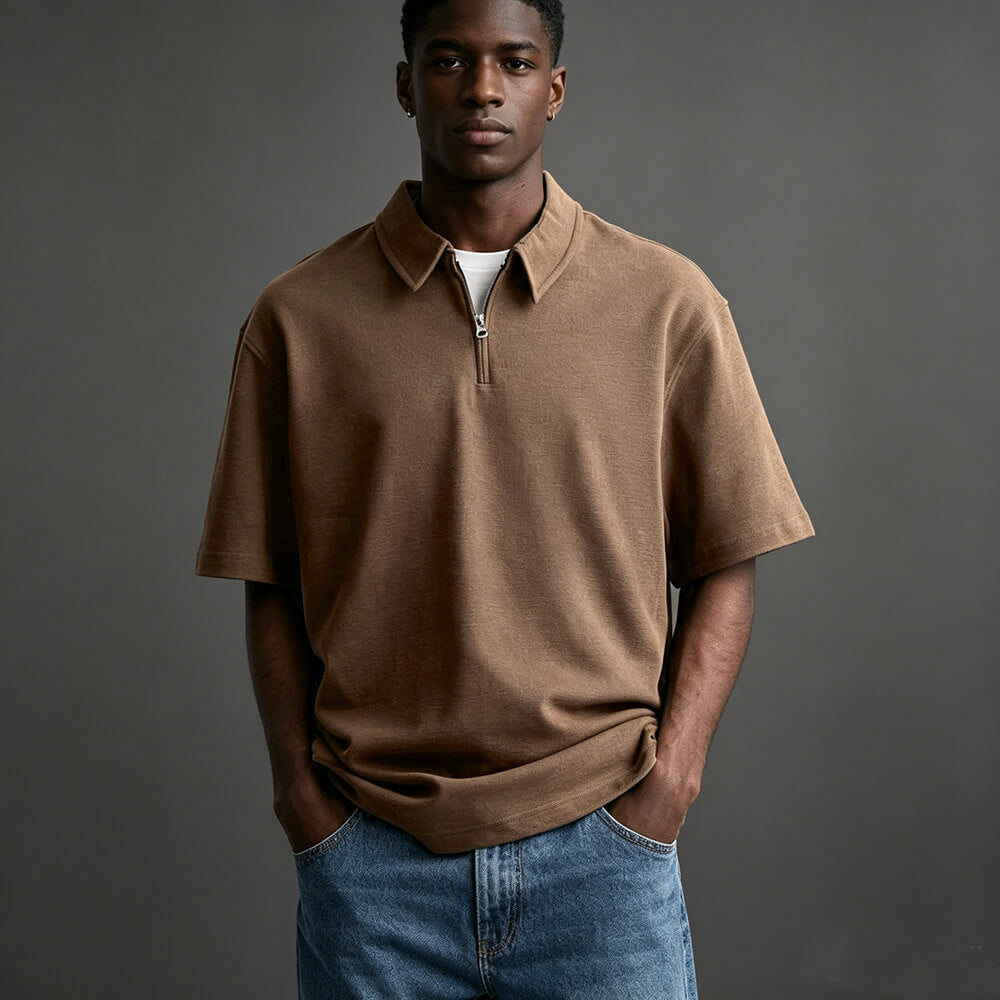 Casual Solid-Color Half-Zip Lapel Polo Shirt
