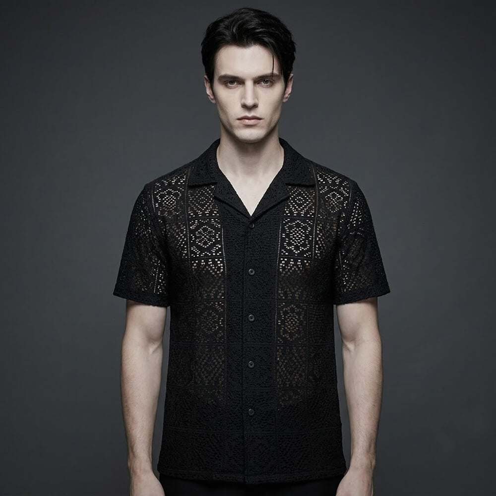 Casual Solid Color Cut-Out Lace Short-Sleeve Shirt